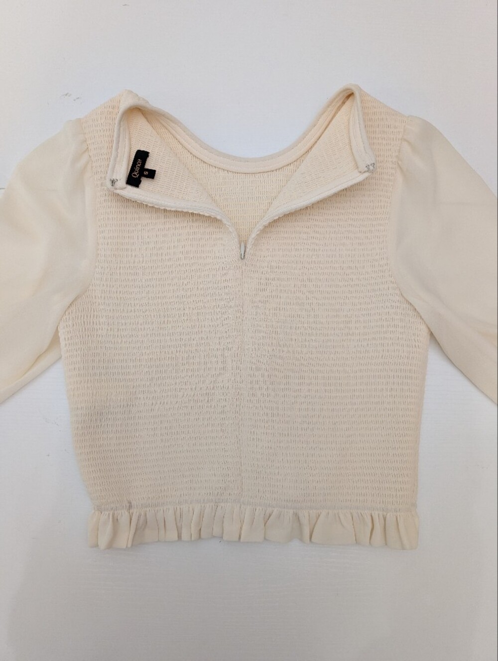 Quince Ivory Smocked Chiffon Blouse Size S Long Balloon Sleeve Cottage Old Money - Picture 10 of 12
